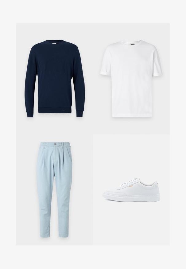 Sudadera azul marino en mezcla de algodón, con cuello redondo de canalé, mangas largas, puños y dobladillo acanalados, y un diseño de logo en relieve en la parte frontal.; Camiseta de algodón blanca con cuello redondo, mangas cortas y puños enrollados; diseño sin adornos, textura suave y corte recto.; Pantalones azul claro de tela texturizada, con cierre de botón, cinturilla elástica y dos bolsillos laterales. Diseño de pierna ajustada.; Zapatillas de cuero blanco con textura suave, puntera redondeada y costuras tonales. Cuentan con cordones azules y un logo dorado en el lateral.