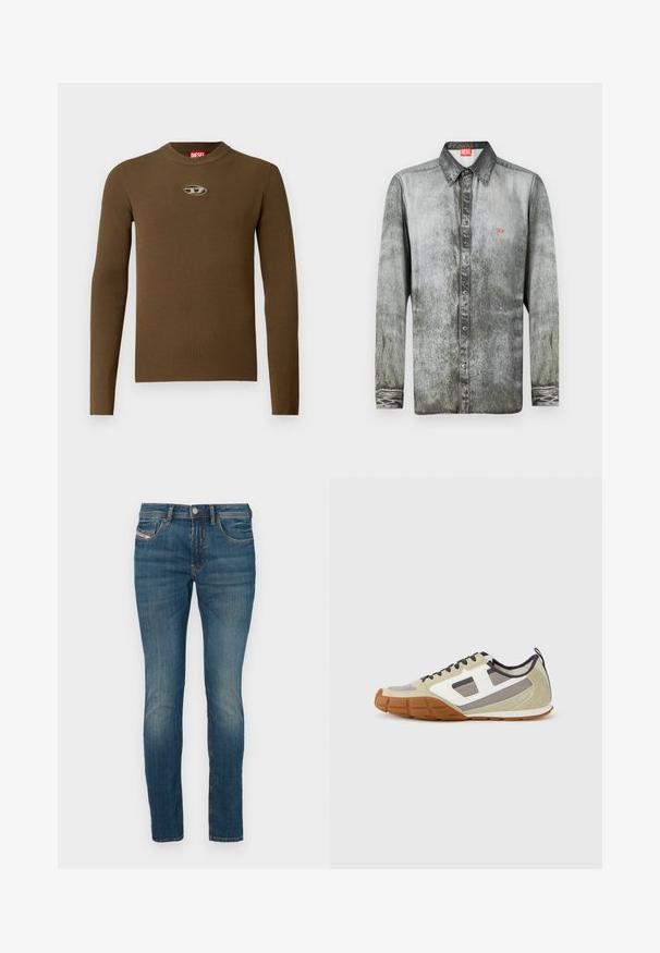 Bruine geribbelde longsleeve top met een ronde hals en een logo patch op de borst. De textuur is glad en aansluitend, gemaakt van rekbaar materiaal.; Langarmshirt van vervaagd grijs denim met een button-down kraag, voorzien van een klein rood logo op de borst en een gestructureerde stof.; Blauwe denim jeans met een slim fit, voorzien van een knoopsluiting, klassiek vijf-pocket ontwerp en lichte vervaging langs de benen voor een versleten uitstraling.; Athletische sneakers met een beige bovenwerk met grijze en witte accenten, gestructureerd suède en een patroonrubberen zool. Inclusief bruine veters en een treklus.
