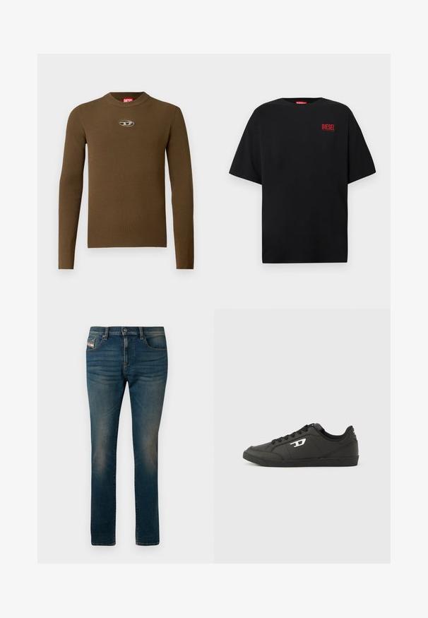 Bruine geribbelde longsleeve top met een ronde hals en een logo patch op de borst. De textuur is glad en aansluitend, gemaakt van rekbaar materiaal.; Zwart T-shirt van katoen met korte mouwen, een ronde hals en een rood "DIESEL"-logo op de linkerborst.; Donkerblauwe spijkerbroek van denim, met vijf zakken, een knoopsluiting en een lichte vervaging langs de dijen voor een versleten look.; Zwarte sneakers van synthetisch materiaal met een geribbelde zwarte zool, ronde neus en vlakke zwarte veters. Opvallend wit logomerk aan de buitenzijde.