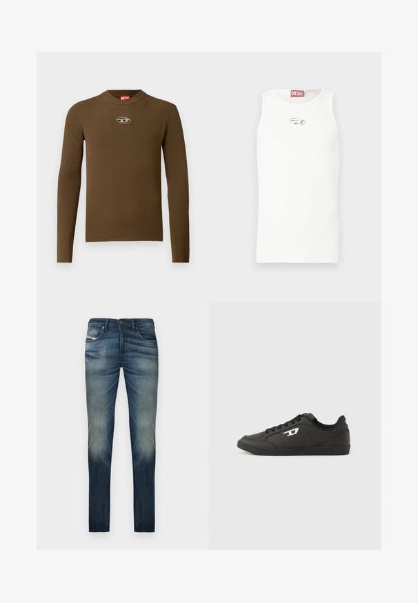 Top de manga larga de canalé marrón con cuello redondo y un parche con logo en el pecho. La textura es suave y ajustada, fabricada en material elástico.; Camiseta blanca sin mangas hecha de tela suave, con un pequeño logo plateado en el pecho y una etiqueta roja en el cuello.; Vaqueros de mezclilla azul oscuro con un corte recto, que presentan un diseño desteñido en las piernas, cinco bolsillos y un cierre de botón en la cintura.; Zapatillas deportivas negras sintéticas con suela negra texturizada, puntera redonda y cordones planos negros. Destaca un logo blanco en el lateral exterior.