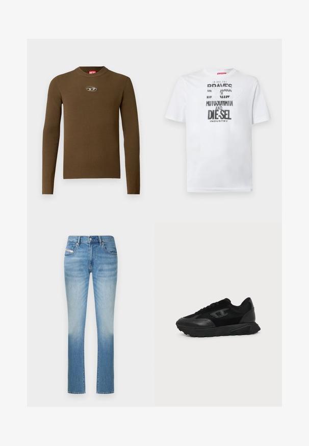 Hnedý rebrovaný top s dlhými rukávmi, s okrúhlym výstrihom a logom na hrudi. Textúra je hladká a priliehajúca, vyrobená z elastického materiálu.; Biele bavlnené tričko s výraznou čiernou typografiou s nápismi "BRAVES" a "DIE-SEL INDUSTRY" a polopriehľadným výrezovým dizajnom.; Svetlomodré džínsové nohavice s priliehavým strihom, rovné nohavice so subtílnym vyblednutím smerom ku dnu. Klasický štýl s piatimi vreckami.; Čierna nízka teniska s textúrovanou podrážkou, sieťovinovým a koženým zvrškom, šnurovanie vpredu a malým vyrazeným logom na bočnej strane.