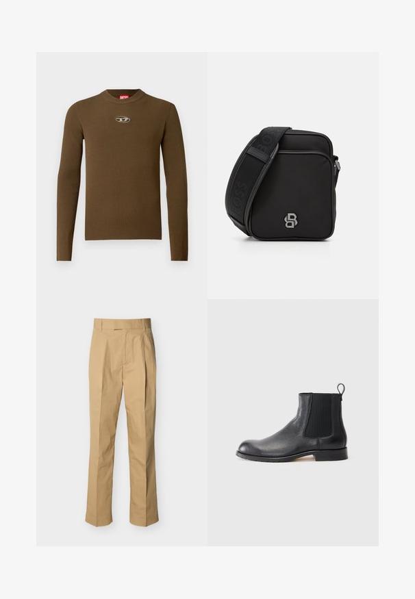 Top de manga larga de canalé marrón con cuello redondo y un parche con logo en el pecho. La textura es suave y ajustada, fabricada en material elástico.; Pantalones beige hechos de algodón suave con cintura alta, con pliegues en la parte delantera y piernas rectas. Sin herrajes visibles ni patrones.; Botín Chelsea de cuero negro con parte superior texturizada, paneles laterales elásticos y una etiqueta de tirón. Presenta una suela de goma plana y un diseño de punta redondeada.; Bolso cruzado negro en tejido texturizado con cierre de cremallera. Presenta un acento de logo y una correa ajustable con un patrón. Diseño compacto en forma de cuadrado.