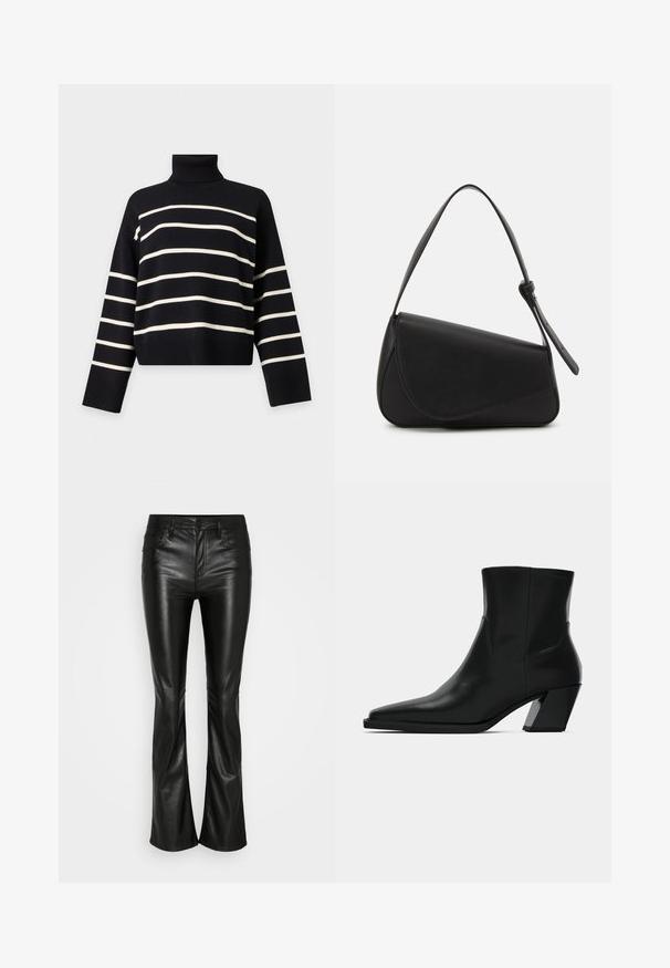 Sort rullekrave trøje med lange ærmer med horisontale hvide striber på kroppen og ærmerne.; GAP BABY BOOT - Bukser - black; Sortlæder ankelstøvle med spids tå, en slank silhuet og en kraftig firkantet hæl. Glat tekstur med minimale stikninger.; Sort læderhåndtaske med en triangular form, skrå klap og et rundt håndtag. Har en glat overflade og minimalistiske design detaljer.