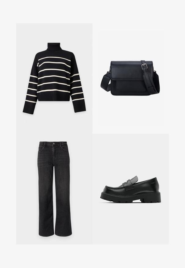Pull à col roulé noir à manches longues avec des rayures blanches horizontales sur le corps et les manches.; Jean en denim noir à jambes larges avec une coupe classique, doté d'une fermeture éclair, d'un bouton et d'un design à cinq poches. Dégradé subtil et détails de couture.; Mocassins en cuir noir avec une semelle épaisse et texturée, dotés d'une sangle sur le vamp et d'une finition lisse et polie.; Sac bandoulière rectangulaire en cuir noir avec sangle réglable et boucle argentée sur fond blanc uni.