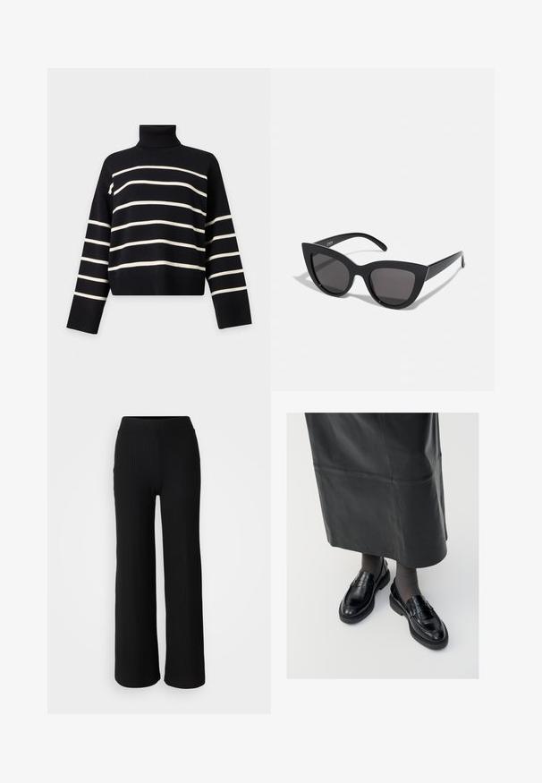 Pull à col roulé noir à manches longues avec des rayures blanches horizontales sur le corps et les manches.; Pantalons en maille côtelée noire avec une coupe évasée et une taille élastique, présentant une texture lisse et un style minimaliste.; Mocassins en cuir noir avec une finition lisse, ornés d'une bande décorative, à bout rond et avec une semelle texturée. Portés avec une longue jupe en cuir noir.; Lunettes de soleil noires en forme d'œil de chat avec une finition mate, dotées de verres teintés gris, d'angles aigus et de branches élégantes. Nom de la marque visible sur la branche intérieure.