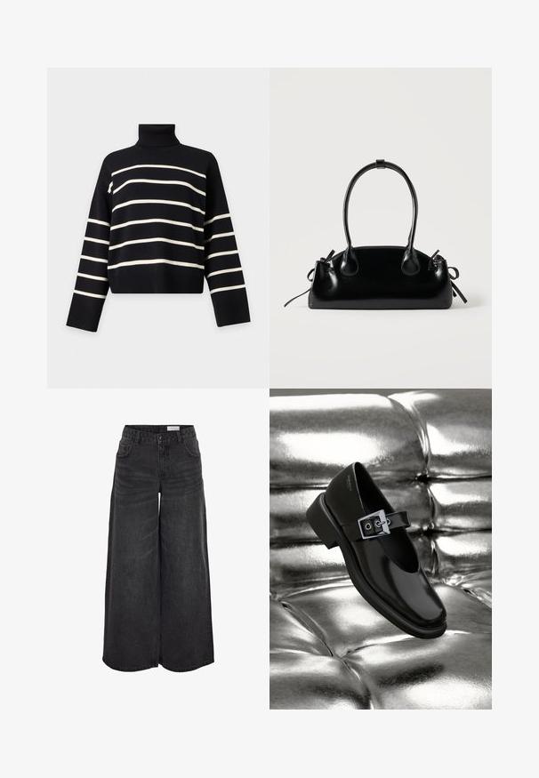Pull à col roulé noir à manches longues avec des rayures blanches horizontales sur le corps et les manches.; Pantalons en denim noir à jambes larges avec taille haute, poches avant et texture subtile ; conçus pour un ajustement décontracté.; Chaussure Mary Jane en cuir noir avec un bout carré, un accent de boucle en argent et un talon bas épais, sur un fond argenté brillant.; Petit sac à main noir brillant avec deux longues anses et des détails à cordon sur les côtés sur un fond clair uni.