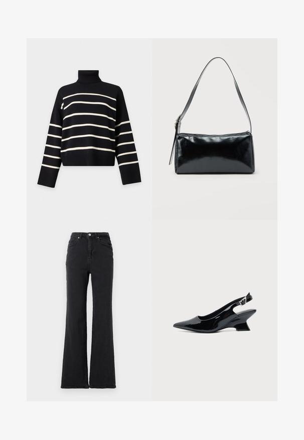 Sort rullekrave trøje med lange ærmer med horisontale hvide striber på kroppen og ærmerne.; Sorte højtaljede denimjeans med flagrende ben, frontknap og fem-lommet design mod en helt hvid baggrund.; Sort laklæder slingback sko med spids tå og lav vinklet blokhæl på ensartet lys baggrund.; Sort rektangulær skuldertaske med en enkelt justerbar rem og lynlås i toppen på en ensfarvet baggrund.