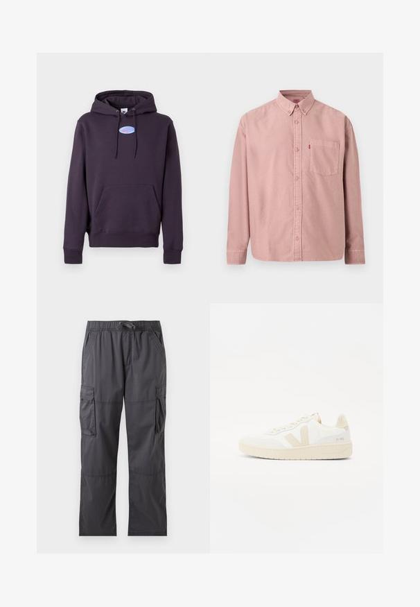 Tume lilla kapuutsiga jakk, millel on eesmine tasku ja nöörid, ning mille rinnal on väike sinine ovaalne Nike logo koos roosa siksakiga.; Pikad varrukad, roosast kangast nööpidega särk, millel on esil tasku ja nööbitav krae, esitletud ühevärvilise tausta ees.; Tumehallid tööpüksid elastse vöökoha, nöörluku, küljetaskute ja klapitaskutega igal reiel, esitatud lahtiselt valgel taustal.; Valged tennisjalatsid beežide aksentidega, millel on tekstuuriga pealis, ümar varvas ja paks kummist tall. Disain sisaldab ikoonilist V-logo ja brändimist.