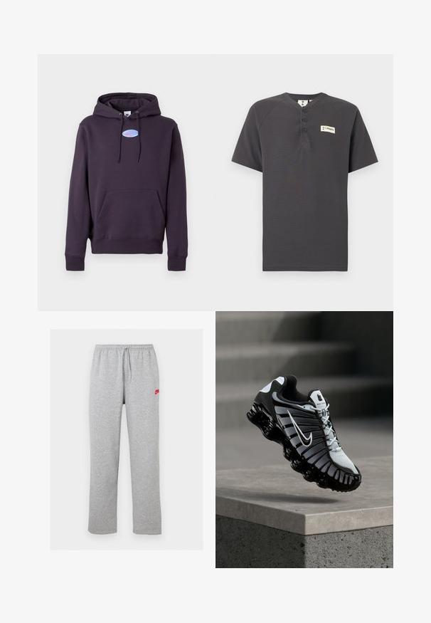Tume lilla kapuutsiga jakk, millel on eesmine tasku ja nöörid, ning mille rinnal on väike sinine ovaalne Nike logo koos roosa siksakiga.; Tumeda halli lühikeste varrukatega Henley-särk, millel on kolm nööpi ja väike Columbia logoga plaastr vasakul rinnal, valgel taustal.; Heledat hallid dressipüksid elastsest vööst ja nööristega, väikese punase Nike logoga ülemisel vasakul reiel.; Mustvalge Nike jooksujalats, mis ripub betoonpinna kohal, taustal treppidega kivisein.
