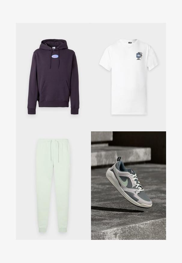 Tume lilla kapuutsiga jakk, millel on eesmine tasku ja nöörid, ning mille rinnal on väike sinine ovaalne Nike logo koos roosa siksakiga.; Valge lühikeste varrukatega T-särk, millel on väike joonismatkajast, kes hoiab vasakul rinnal sinise The North Face'i logo silda.; Helerohelised pehmetest kangast dressipüksid, millel on elastne vöökoht paelaga, kitsenevad sääred ja diskreetne logo puusa lähedal.; Hall ja valge Nike Air Jordani jooksujalats helerohelise löögi ja betoonpinna kohal hõljuv, taustal trepid.