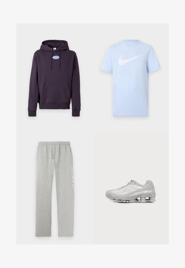 Tmavo fialová mikina s kapucňou, predným vreckom a šnúrkami, ktorá sa na hrudi vyznačuje malým modrým oválnym logom Nike so šestkou v ružovej farbe.; Svetlomodré tričko s krátkym rukávom a veľkým bielym logom Nike Swoosh umiestneným v strede prednej časti na jednoliatom pozadí.; Sivé teplákové nohavice vyrobené z mäkkého materiálu s elastickým pásom. Na jednej nohe je biely nápis "JUST DO IT" a logo Nike Swoosh.; Sivá a biela športová obuv s sieťovanými panelmi, šnurovacím dizajnom a jedinečnou pružinovou podrážkou pre tlmenie a podporu.