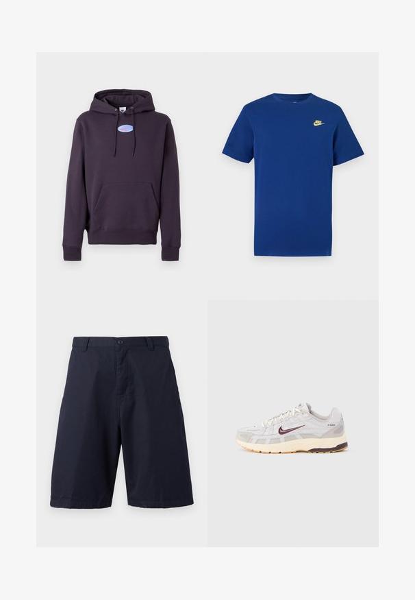Mørklilla hoodie med frontlomme og snoretræk, prydet med et lille blåt, ovalt Nike-logo med en lyserød swoosh på brystet.; Mørkeblå T-shirt med korte ærmer, et lille gult Nike-logo på venstre bryst og rund halsudskæring.; Marineblå knælange shorts med knaplukning, bæltestropper og lige ben på en ens hvid baggrund.; Herres løbesko i lys grå og creme med en åndbar mesh-overdel, mørkerød Nike-swoosh, polstret krave og en struktureret sål.