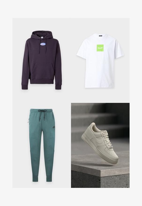 Tume lilla kapuutsiga jakk, millel on eesmine tasku ja nöörid, ning mille rinnal on väike sinine ovaalne Nike logo koos roosa siksakiga.; Valge lühikeste varrukatega t-särk, millel on keskel rinnal valge tekstiga "huf" roheline ruutlogo.; Nikei sinised dressipüksid musta paelaga, lukuga küljetasku, soonikkoes mansettide ja Nike logoga ülemisel reiel.; Üks beež paeltega toss hõljub hallil betoonpinnal, Nike’i logo on nähtav, trepitaust on udune.