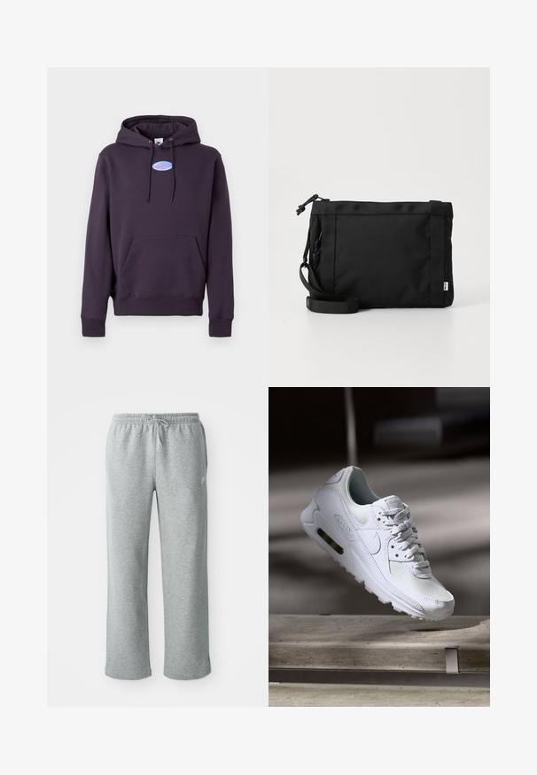 Tmavo fialová mikina s kapucňou, predným vreckom a šnúrkami, ktorá sa na hrudi vyznačuje malým modrým oválnym logom Nike so šestkou v ružovej farbe.; Šedé bavlnené tepláky s elastickým pásom, sťahovacou šnúrkou a rovnými nohavicami. Obsahuje malé logo v hornej ľavej časti.; Biele tenisky Nike Air Max 90 s vrchnou časťou z kože a sieťoviny, perforovanou špičkou a viditeľnou vzduchovou jednotkou v päte.; Čierna textilná ramenná taška s textúrovaným povrchom, nastaviteľným pásom a sťahovaním. Vyznačuje sa výrazným prešívaním a bočným štítkom.