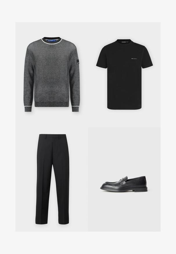 Pull en maille noir et blanc à manches longues avec col rond et bordure blanche contrastante au col et aux poignets, avec un petit patch sur la manche gauche.; T-shirt noir à manches courtes et col rond avec petit logo blanc "KARL LAGERFELD" sur la poitrine gauche.; Pantalon droit noir avec passants de ceinture, pli avant et braguette zippée sur fond blanc.; Mocassins en cuir noir avec une finition texturée, dotés d'une bride décorative à l'avant et d'un bout arrondi. Semelle en caoutchouc pour plus de durabilité.