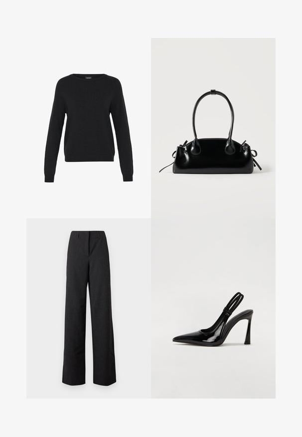 Pull en tricot noir à manches longues, col rond et ourlet côtelé. Texture douce et design minimal avec aucune motif ni accent visible.; Pantalon large noir taille haute pour femme, avec une fermeture avant dissimulée et des passants pour ceinture.; Escarpin en cuir verni noir à talon aiguille, à bout pointu, avec une sangle élastique double pour un maintien sécurisé. Surface lisse et brillante.; Petit sac à main noir brillant avec deux longues anses et des détails à cordon sur les côtés sur un fond clair uni.