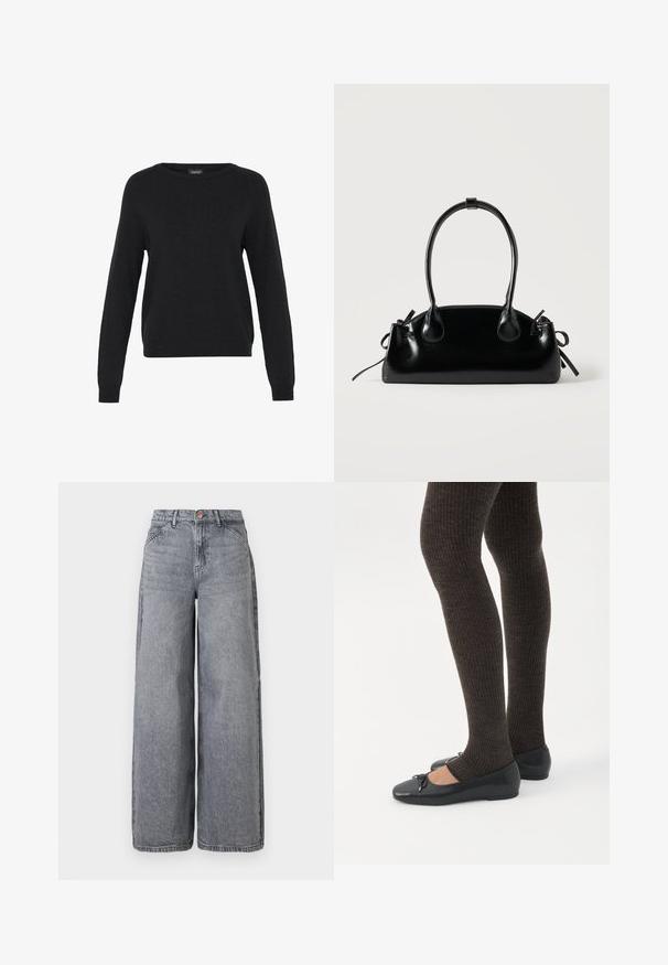 Pull en tricot noir à manches longues, col rond et ourlet côtelé. Texture douce et design minimal avec aucune motif ni accent visible.; Jean en denim à jambes larges dans un délavé gris, avec cinq poches, une fermeture à bouton et une texture douce avec des détails de whiskering subtils.; Jambes portant des leggings côtelés foncés associés à des ballerines noires avec de petits détails en nœud sur fond blanc.; Petit sac à main noir brillant avec deux longues anses et des détails à cordon sur les côtés sur un fond clair uni.