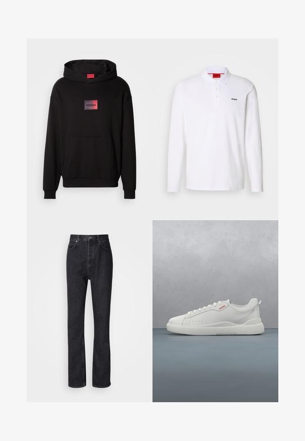 Haut à capuche noir en tissu doux, avec une poche kangourou à l'avant et un logo rectangulaire rouge et noir sur la poitrine.; Polo-shirt blanc à manches longues en coton avec un col, une patte de boutonnage à trois boutons et un logo noir "HUGO" sur la poitrine gauche.; Jean en denim noir taille haute avec fermeture à bouton et à glissière, poches avant et arrière, et coupe droite.; Sneaker blanche avec une finition en cuir lisse, bout rond, quatre œillets, perforations subtiles et un détail de logo rouge sur le côté.