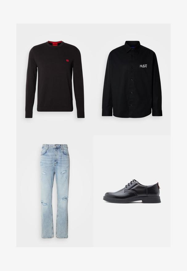 Zwarte crewneck sweater van zachte stof, met lange mouwen, geribbelde boorden en een klein rood logo-opdracht op de borst.; Zwart katoenen overhemd met knoopsluiting, voorzien van een kraag en lange mouwen. Heeft een wit geborduurd logo op de linkerborst.; Licht gewassen denim jeans met een ontspannen pasvorm, voorzien van versleten plekken en rafelige randen. De stof heeft een zachte, gladde textuur.; Zwarte leren veter schoenen met een gladde textuur, ronde neus en subtiel stiksel detail. Voorzien van een rode trekband op de hiel.
