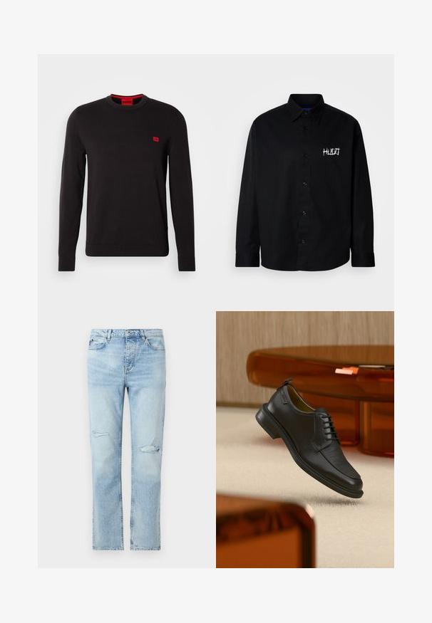 Sort crewneck sweatshirt lavet af blødt stof, med lange ærmer, ribbede manchetter og et lille rødt logo-patch på brystet.; Sort bomuldsskjorte med knapper, der har krave og lange ærmer. Viser hvidt broderet logo på venstre brystområde.; Lyseblå denimjeans med lige pasform, knaplukning, forlommer og små slidte revner på begge lår.; Sort lædersko med snørebånd og tekstureret front, svævende over beige tæppe i et moderne rum med møbler i ravfarvet toning.