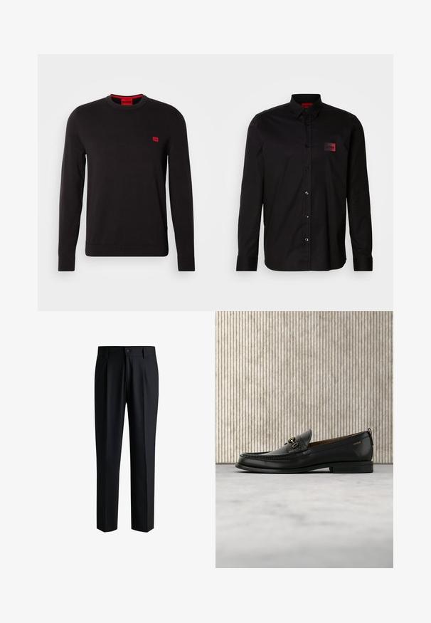 Sort crewneck sweatshirt lavet af blødt stof, med lange ærmer, ribbede manchetter og et lille rødt logo-patch på brystet.; Sort langærmet skjorte lavet af glat stof, med knaplukning, klassisk krave og en lille rød mærke-patch på brystet.; Sorte bukser lavet af glat stof, med lige ben-design, plisseringer foran og knaplukning med bæltestropper.; Sort læderloafers med guldfarvet metaldekoration og "HUGO" branding, vist mod en beige tæppe og brunt gennemsigtigt møbel.