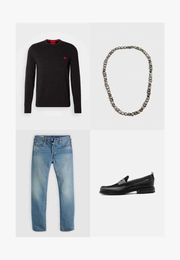 Sort crewneck sweatshirt lavet af blødt stof, med lange ærmer, ribbede manchetter og et lille rødt logo-patch på brystet.; Lyseblå denimjeans med lige ben-design, der har en fem-lomme-layout, kobberhardware og subtil falmning på stoffet.; Sort læderloafer med grå remdetalje, lav hæl og tekstureret sål, mærket med "HUGO" i guld på siden.; Halskæde i sølvfarve med et skiftevis mønster af rektangulære, ovale og runde flerfarvede sten, med en sikker lås.