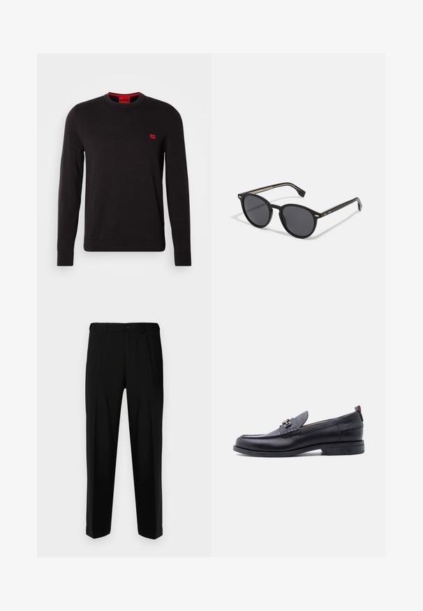 Zwarte crewneck sweater van zachte stof, met lange mouwen, geribbelde boorden en een klein rood logo-opdracht op de borst.; Zwarte broek van gladde stof, met een rechte snit, twee voorzakken en een ritssluiting met knoopsluiting.; Zwarte leren loafer met grijze, gestructureerde vamp, zilveren metalen gesp, lage hak en trekkoord aan de achterkant.; BOSS Zonnebril - black