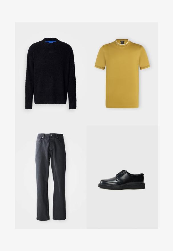 Sort sweater lavet af tekstureret strikket stof, med rund halsudskæring, lange ærmer og ribbestrikkede manchetter og kant. Subtil branding på brystet.; Sennepsfarvet kortærmet T-shirt med hvid kant på krave og ærmer, sort mærke inden i kraven.; Mørkegrå denim jeans med lige ben-design, fem lomme-stil, frontknap og lynlås lukning samt kontrastsyede detaljer.; Sorte læder snøresko med rundet snude, glat finish og tekstureret sort gummisål. Minimalistisk design uden synlige mønstre.
