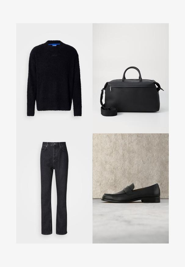 Pull noir en maille texturée, avec un col rond, des manches longues et des poignets et un ourlet côtelés. Branding discret sur la poitrine.; Jean en denim noir taille haute avec fermeture à bouton et à glissière, poches avant et arrière, et coupe droite.; Mocassin en cuir noir flottant au-dessus d'un tapis beige avec une table ronde brune brillante en arrière-plan.; Sac de voyage en cuir noir avec deux poignées supérieures, une bandoulière amovible et une poche avant zippée pour un espace de rangement supplémentaire.