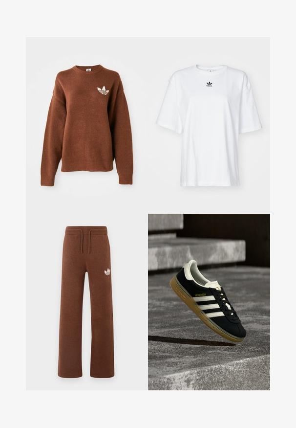 Brun strikket sweatshirt med rund hals, faldende skuldre, ribbede ærmeafslutninger og en hvid broderet logo på venstre bryst.; Hvid kortærmet t-shirt lavet af bomuld. Har en rund halsudskæring og et lille sort Adidas-logo på brystet. Lige skåret kant.; Brune sweatpants i blødt stof med en afslappet pasform, der har en elastisk talje, snørre og et hvidt logo på venstre lår.; Sort Adidas München-sneaker med hvide striber og gummisål svævende over ribbet betontrappe.