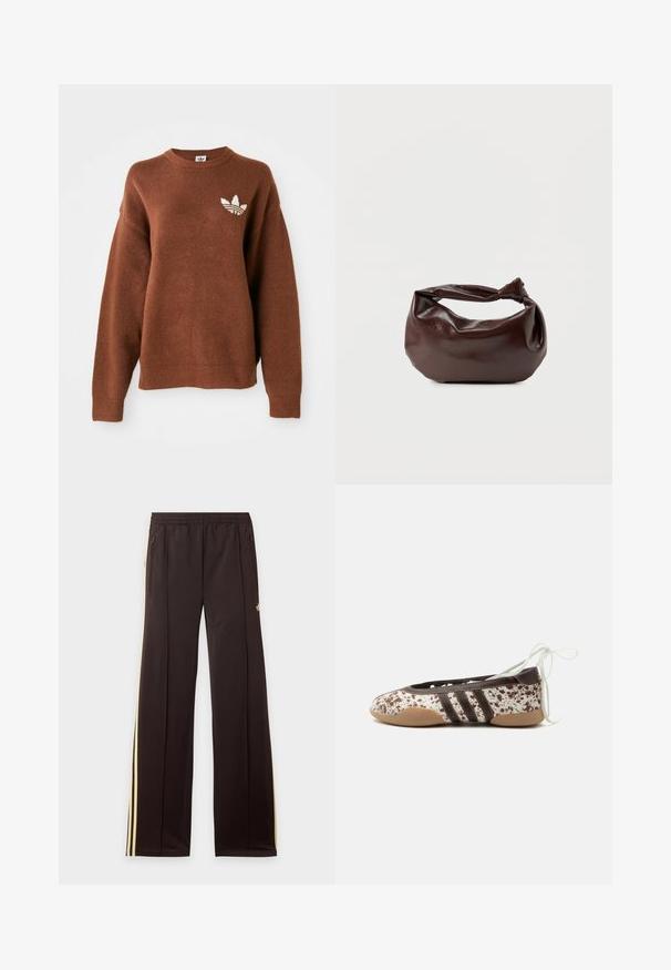 Bruine gebreide sweatshirt met ronde hals, doorgezakte schouders, geribbelde manchetten en een geborduurd wit logo op de linkerborst.; Zwarte trainingsbroek met gele zijstrepen, elastische tailleband, ritszakken aan de zijkant en een klein logo op het bovenbeen.; Platte balletschoen met bruin-wit gespikkeld patroon, drie donkere strepen aan de zijkant, lichtbruine zool en witte veter voor om de enkel.; Donkerbruine leren schoudertas met een zachte, slungelige vorm en een gedraaide knoopvormige handgreep op een effen witte achtergrond.