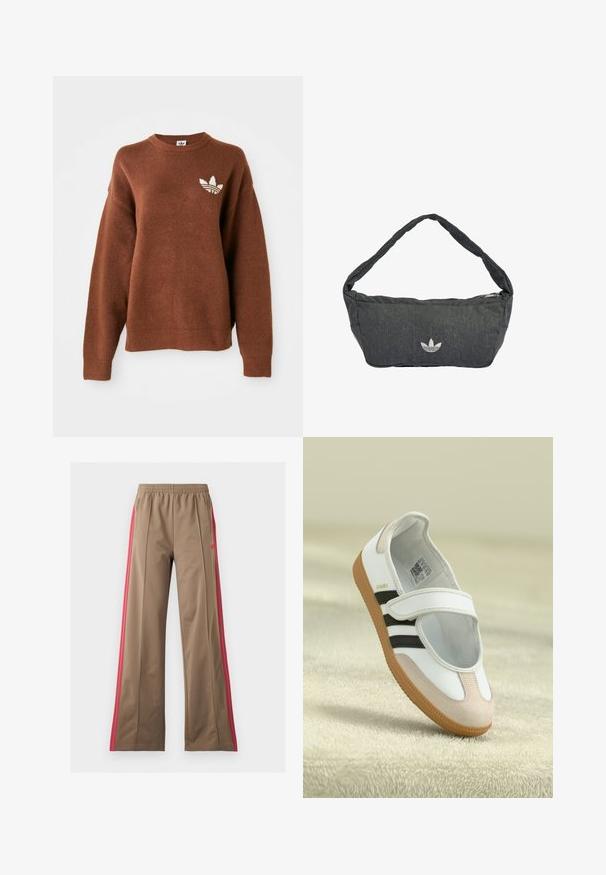 Bruine gebreide sweatshirt met ronde hals, doorgezakte schouders, geribbelde manchetten en een geborduurd wit logo op de linkerborst.; Bruine trainingsbroek met wijde pijpen, elastische tailleband en felroze zijstrepen, met ritssluitingen aan de zijzakken en een klein logo aan de linkerkant.; Witte schoen met een roze suède neus, zwarte strepen en een klittenbandsluiting. Heeft een tan rubberen zool en een logo aan de zijkant.; Donkere grijze schoudertas van getextureerde stof, met een ritssluiting en een geborduurd logo aan de voorkant. Lange, gebogen schouderriem.