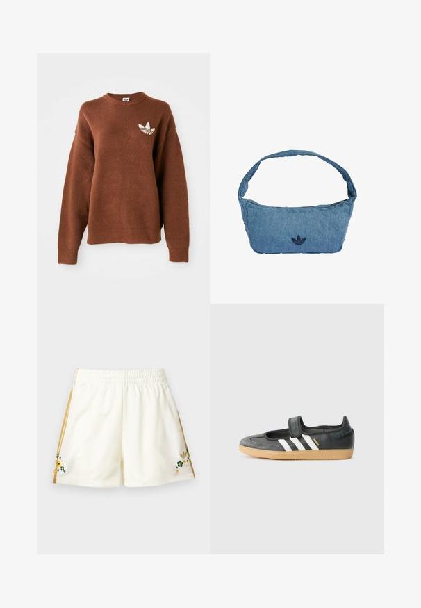 Brun strikket sweatshirt med rund hals, faldende skuldre, ribbede ærmeafslutninger og en hvid broderet logo på venstre bryst.; Kremfarvede atletikshorts med gyldne sidelister og små broderede grønne, gule og hvide blomster nær kanten på begge sider.; Sort læder- og ruskinds sneakers med en Velcro-rem, der har tre hvide striber og en gummisål, mærket "SAMBA" på siden.; Skuldertaske i lyseblå denim med et broderet mørkeblå logo. Har en bred, blød rem og en lynlåslukning øverst.