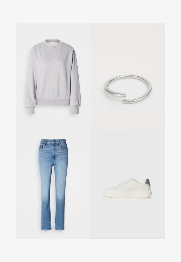 Grijze katoenen sweatshirt met ronde hals, ribgebreide uiteinden en tailleband. Bevat een klein logo-label aan de onderzijde. Soepele textuur.; Blauwe denim jeans met hoge taille, rechtvallende pasvorm, vervaagde kleurverloop en vijf-pocketstijl. Metalen knoop en ritssluiting.; Witte sneaker van leer met een gladde textuur, featuring een zilveren accent op de hiel, een platte zool en een minimalistisch ontwerp.; Calvin Klein SPIRAL - Armband - silver-coloured