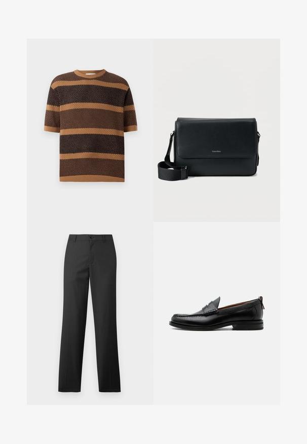 Pull en tricot à manches courtes, col rond, avec des rayures horizontales alternées marron et beige et un tissu texturé.; Samsøe Samsøe SAJOHNNY TROUSERS - Pantalon classique - turkish coffee; Mocassin homme en cuir noir avec couture moc toe, bride penny, col texturé et petit talon empilé sur fond blanc.; Sac messager en cuir noir à surface texturée, avec une bandoulière ajustable et un rabat avant affichant un logo discret. Forme compacte et rectangulaire.