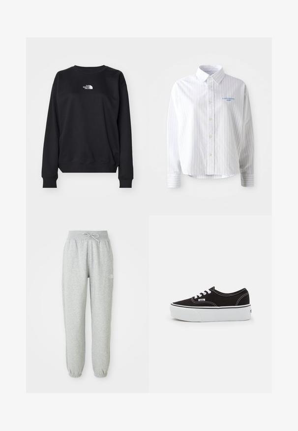 Zwarte sweatshirt gemaakt van een katoenmengsel, met een ronde halslijn, lange mouwen, ribgebreide manchetten en een klein wit logo op de borst.; Witte overhemdd met lichtblauwe verticale strepen, een puntige kraag en een klein blauw logo op de linkerborst. Katoenen stof, ontspannen pasvorm.; Grijze sweatpants met een elastische tailleband en trekkoord. De stof is zacht, met elastische boorden bij de enkels en een logodetail.; Zwarte canvas sneaker met een witte rubberen platformzool, voorzien van witte veters en stiksels, iconische branding op de zijkant, low-top ontwerp.