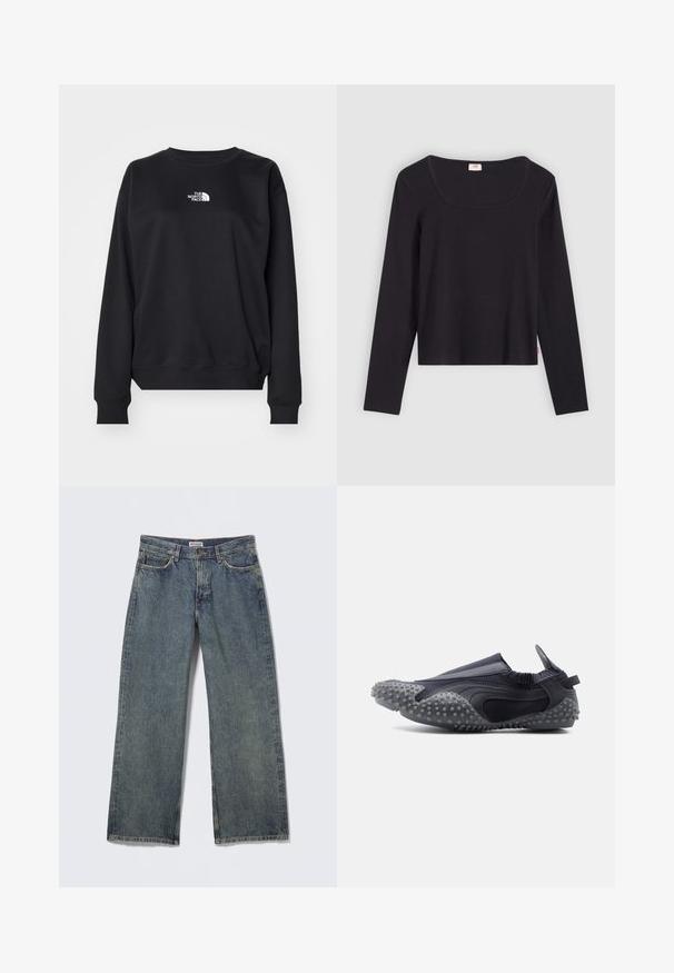 Zwarte sweatshirt gemaakt van een katoenmengsel, met een ronde halslijn, lange mouwen, ribgebreide manchetten en een klein wit logo op de borst.; Zwart top met lange mouwen en een vierkante halslijn, gemaakt van een gladde stof. Heeft een getailleerd ontwerp en een cropped lengte. Eenvoudige, minimalistische stijl.; Blauwe denim wijde pijp jeans met een hoge taille, ontwerp met vijf zakken en subtiele slijtage op de stof. Merklabel zichtbaar op de tailleband.; Instap zwarte en grijze schoen met een getextureerde rubberen zool met verhoogde stippen, elastische achterkant en trekkoord, ontworpen voor grip en comfort.