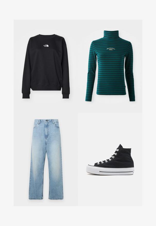 Zwarte sweatshirt gemaakt van een katoenmengsel, met een ronde halslijn, lange mouwen, ribgebreide manchetten en een klein wit logo op de borst.; Langsleeve coltrui in teal met donkerblauwe horizontale strepen. Heeft een klein wit en goud logo op de borst. Zachte, rekbare stof.; Lichtblauwe wijde jeans gemaakt van denim. Heeft een hoge taille, standaardzak en een vervaagde afwerking. Rechte pasvorm met nette zomen.; Zwart hoge canvas sneakers met een witte rubberen neus, witte veters en een textuur op het zwarte bovenwerk. Zwart-witte gestreepte tussenzool.