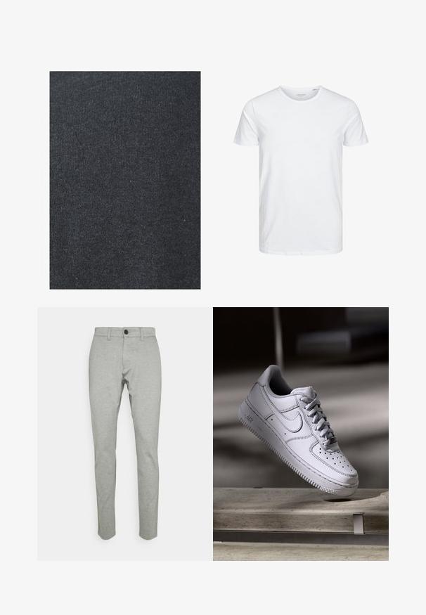 Tissu en coton noir avec une texture lisse, présentant un motif de tricot uniforme et sans embellissements ni détails en métal visibles.; T-shirt à col rond à manches courtes de couleur blanche unie, fabriqué en coton doux, avec un design simple sans motifs ni accents visibles.; Pantalon en coton mélangé gris clair, design slim fit, avec fermeture à bouton sur le devant, passants de ceinture et texture subtile sur l'ensemble.; La basket Nike Air Force 1 en cuir blanc présente un embout perforé, des lacets plats et une semelle en caoutchouc texturée avec le logo « AIR » sur le côté.