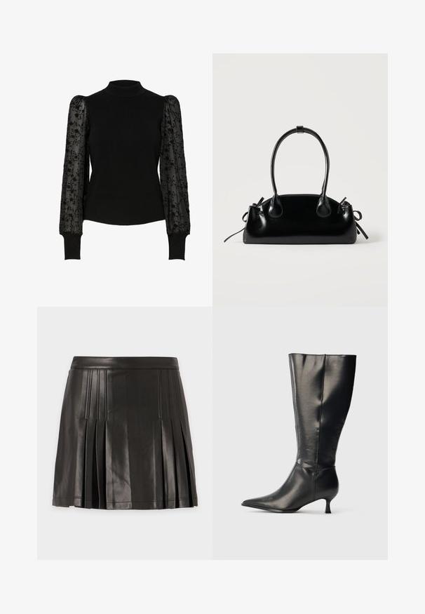 Pull noir côtelé avec un col montant et des manches bouffantes transparentes ornées de broderies florales. Coupe ajustée avec des manches texturées contrastantes.; Mini-jupe plissée en similicuir noir avec des détails cousus le long des plis et de la ceinture sur un fond uni.; Botte en cuir noire montant jusqu'au genou, avec un bout pointu et un petit talon bas, présentée sur un fond clair uni.; Petit sac à main noir brillant avec deux longues anses et des détails à cordon sur les côtés sur un fond clair uni.