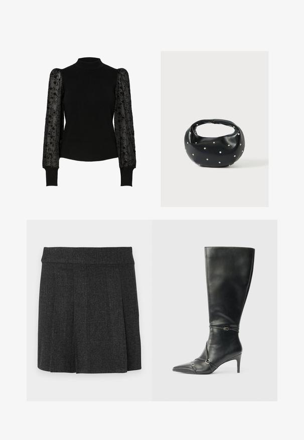 Pull noir côtelé avec un col montant et des manches bouffantes transparentes ornées de broderies florales. Coupe ajustée avec des manches texturées contrastantes.; Jupe noire plissée en tissu texturé. Ceinture mi-haute avec des lignes épurées. Coupe classique adaptée à diverses occasions.; Bottes noires en cuir montant jusqu'au genou, avec un talon fin, un bout pointu et des détails de lanière à la cheville. Texture lisse et design ajusté.; Sac à main en cuir noir de forme arrondie, décoré de clous argentés et équipé d'une poignée courte. Texture lisse et fermeture éclair.