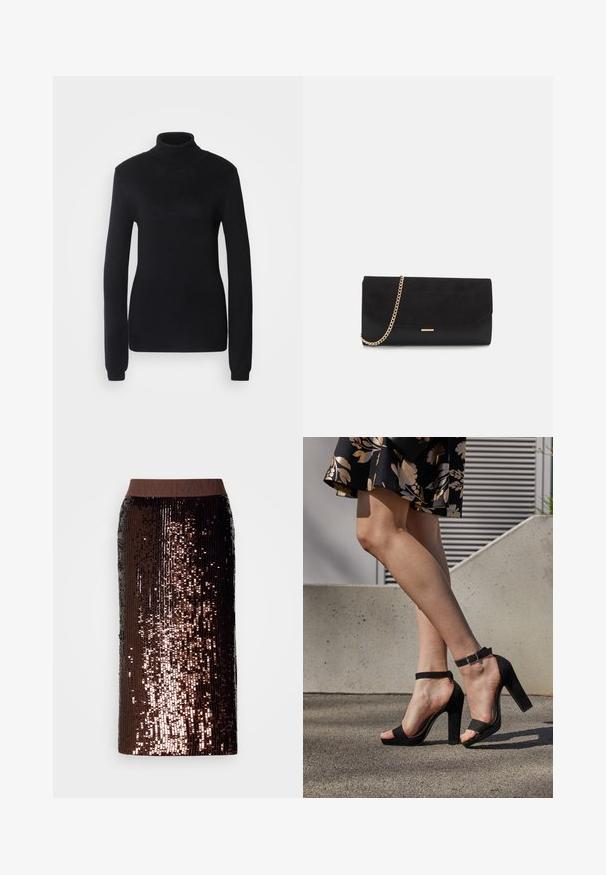 Sort turtleneck sweater lavet af et blødt strikstof, med lange ærmer og en tætsiddende silhuet, der har ribbet krave og kant.; Mørkebrun blyantskirt dækket af skinnende palietter med en ensfarvet brun elastisk talje, præsenteret på en hvid baggrund.; Sorte ruskinds høje hæle sandaler har et ankelstrop med spænde, åben tå design og en kraftig hæl. Glat tekstur og minimalistisk stil.; Sort clutch taske lavet af ruskind med en struktureret overflade, udstyret med en guld kædestrop og et elegant, kantet design.