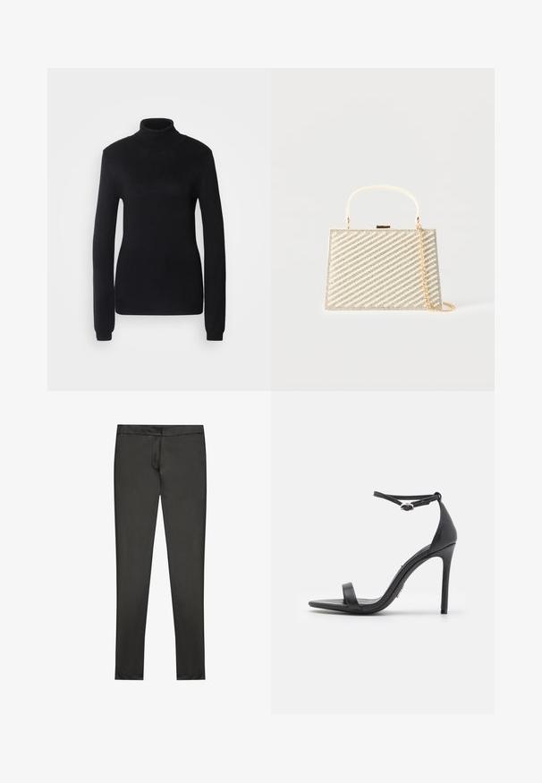Sort turtleneck sweater lavet af et blødt strikstof, med lange ærmer og en tætsiddende silhuet, der har ribbet krave og kant.; Sorte, slim-fit bukser lavet af et glat, strækbart materiale. Har en flad talje og et elegant design uden synlige lommer.; Sorte højhælede sandaler med åben tå, tynde stropper og spænde om anklen. Glat lædertekstur med spidse tådesign.; Rektangulær aftentasken i guld med diagonale rækker af perler og rhinsten, topgreb og en guldkæde strop på en hvid baggrund.
