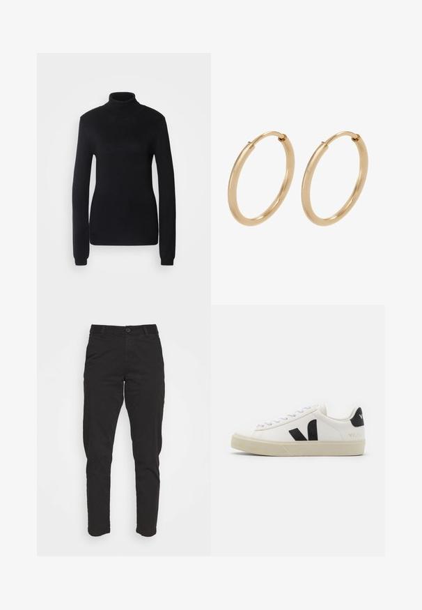 Pull en col roulé noir fabriqué dans un tissu en maille douce, présentant des manches longues et une silhouette ajustée avec un col et un ourlet côtelés.; KnowledgeCotton Apparel Chino - black jet; Baskets en cuir blanc avec un logo V en caoutchouc noir. Semelle texturée blanc cassé, lacets blancs et détail sur le talon arrière portant le nom de la marque en noir.; Boucles d'oreilles en or en forme de créoles, avec une finition lisse et polie. Forme arrondie, de taille moyenne, dotées d'un mécanisme de fermeture sécurisé.