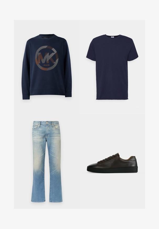 Mørkeblå sweatshirt med et stort cirkulært logo med "MK" i midten. Designet inkluderer stribede mønstre i sølv- og orangetoner.; Marineblå kortærmet t-shirt lavet af blødt stof. Har rund halsudskæring og en lige pasform uden mønstre eller accenter.; Lyseblå denim jeans med vidde, med en falmet finish, fem-lomme-design, lukkes med metal knap og lige sømme.; Lavprofil mørkebrune lædersneaker med sort gummisål, snørelukning foran og glat minimalistisk design på lys baggrund.