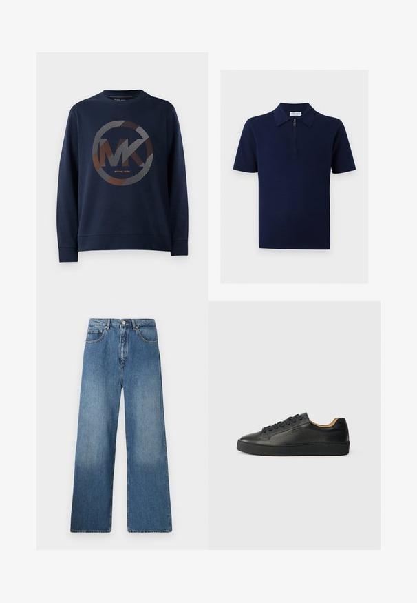 Mørkeblå sweatshirt med et stort cirkulært logo med "MK" i midten. Designet inkluderer stribede mønstre i sølv- og orangetoner.; Navyblå kortærmet skjorte med krave og lynlås foran, ensfarvet design, vist mod en neutral baggrund.; Bredde ben blå denim jeans med et klassisk fem-lomme design, frontlukning med knap og let falming for tekstur.; Sorte lavtop lædersneakers med tekstureret overflade, sorte snørebånd og tyk gummisål, vist fra siden på en lys baggrund.