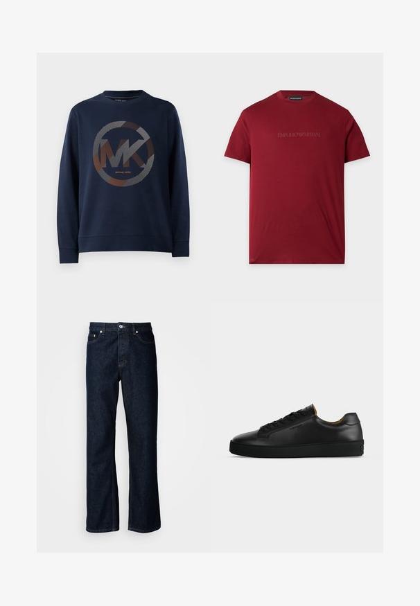 Mørkeblå sweatshirt med et stort cirkulært logo med "MK" i midten. Designet inkluderer stribede mønstre i sølv- og orangetoner.; Burgundy kortærmet Emporio Armani T-shirt med rund hals og diskret broderet logo på brystet.; Mørkeblå denim jeans med lige ben, der har fem-lomme design, knappelukning og orange syninger.; Sort lavtopet læder-sneaker med sorte snørebånd, tekstureret gummisål og lille præget logo på siden, vist i profil mod grå baggrund.