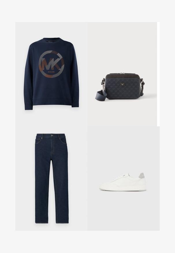 Mørkeblå sweatshirt med et stort cirkulært logo med "MK" i midten. Designet inkluderer stribede mønstre i sølv- og orangetoner.; Mørkeblå denim jeans med lige snit, fem lommer og synlige stikninger. Har en knaplukning i taljen.; Hvid lavtop-sneaker med gråt hælflig, hvide snørebånd og tekstureret sål, vist på en ensfarvet lys baggrund.; Rektangulær mørkeblå crossbody-taske med justerbar rem, lynlåslukning og diskret logomønster på frontpanelet.