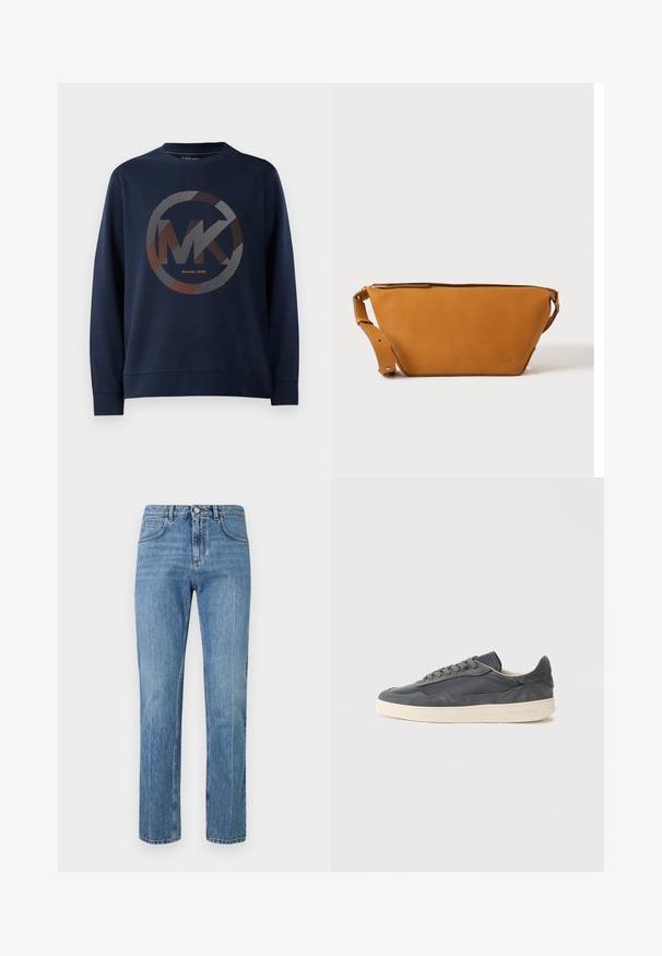 Marineblauwe sweatshirt met een groot circulair logo met "MK" in het midden. Het ontwerp bevat gestreepte patronen in zilver en oranje tinten.; Blauwe rechte high-waist jeans met een knop aan de voorkant, rits, riemlussen en vijf-pocket ontwerp tegen een witte achtergrond.; Donkere grijze sneakers van leer en suède met een laag model, voorzien van een crèmekleurige rubberen zool en platte veters.; Lichtbruine leren crossbodytas met verstelbare band en ritssluiting, getoond tegen een effen lichte achtergrond.