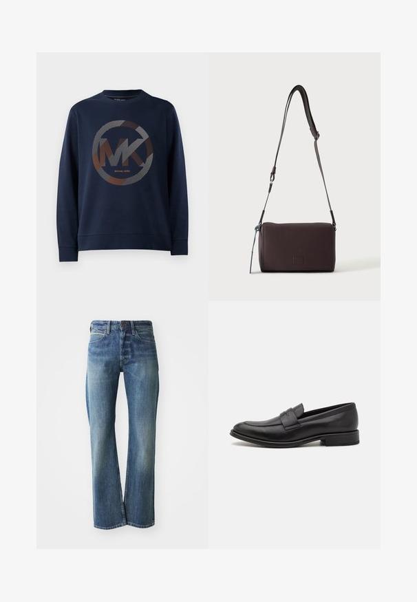 Mørkeblå sweatshirt med et stort cirkulært logo med "MK" i midten. Designet inkluderer stribede mønstre i sølv- og orangetoner.; Denim jeans med en lys til mellemblå farve, lige ben skæring, klassisk fem-lommer design og subtil falmning foran.; Sort læderloafer med en glat finish, en dekorativ rem over vristen, rund tå og en lav stablet hæl.; Mørkebrun textured læder crossbody taske med justerbar rem og lille dekorativ blå accent på siden.